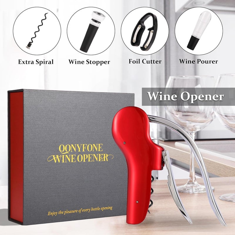 QONYFONE فتاحة زجاجات النبيذ، مجموعة فتاحة عمودية 5 قطع، تصميم عمودي يدوي، تشمل قاطع ورق النبيذ، لولب إضافي، صب النبيذ وسدادة النبيذ، علبة هدايا أنيقة، حمراء - Image 2